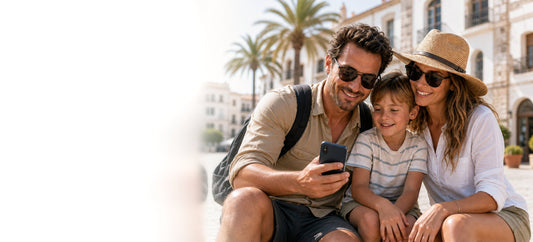 Reisende richten vor dem Abflug eine eSIM auf dem Smartphone ein